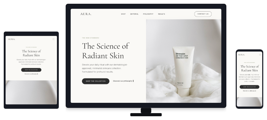 AURA skincare website displayed across desktop, tablet and mobile devices