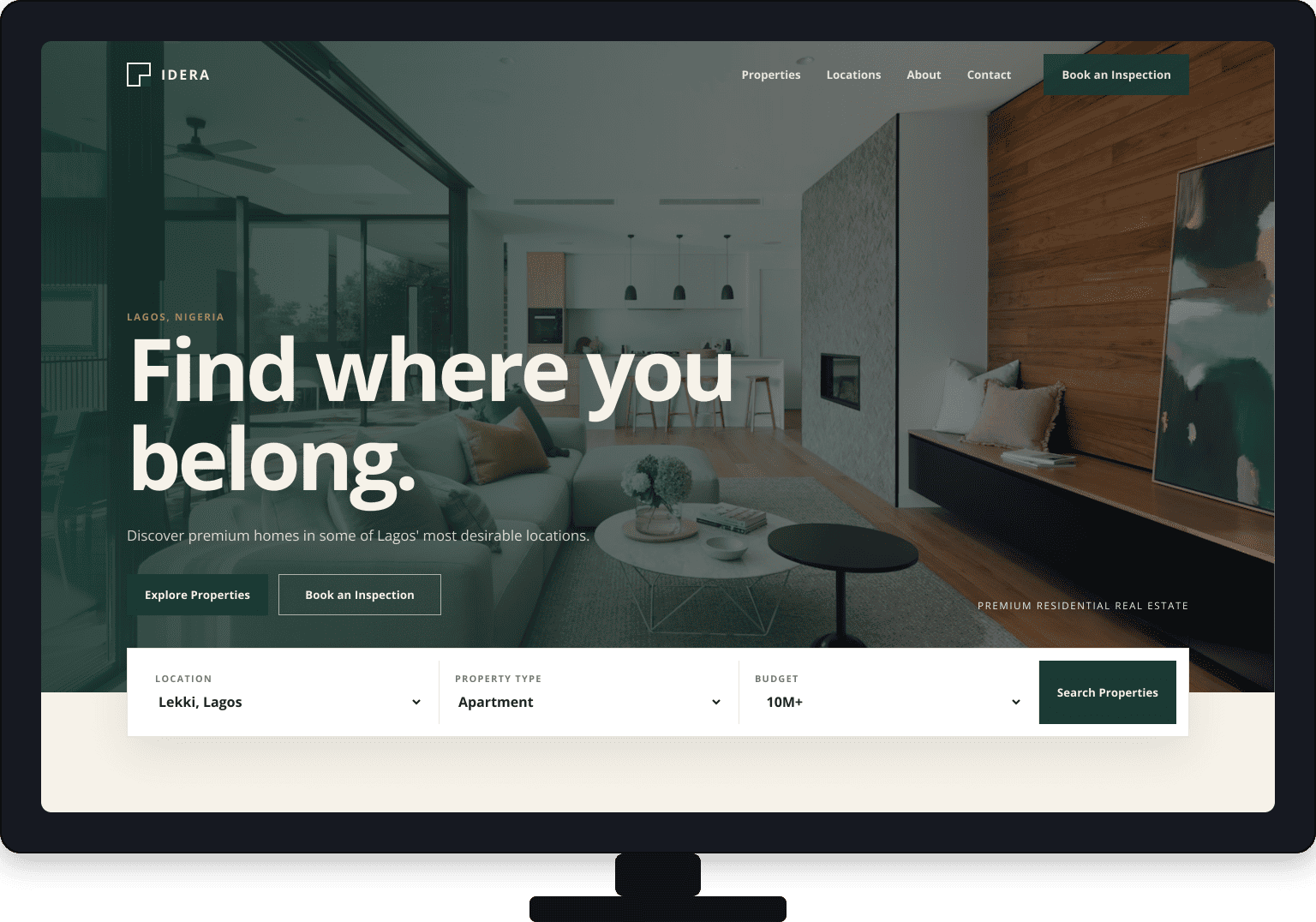 IDERA real estate website showing premium property discovery and listings
